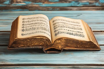Obraz premium Aged book with music sheets. Vintage musical score. generative ai