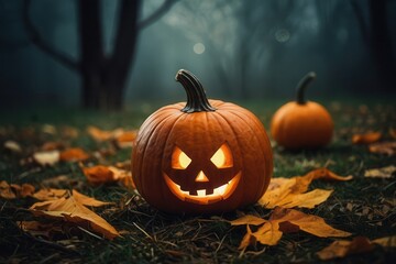 Obraz premium halloween, pumpkin, autumn, orange, holiday, lantern, face, october, scary, fall, decoration, vegetable, jack, carved, evil, horror, jack-o-lantern, celebration, season, spooky, symbol, isolated, smil