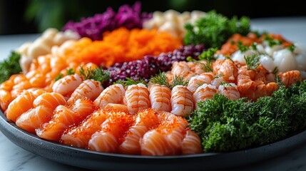 A beautifully arranged platter of sushi and seafood garnished with fresh greens.