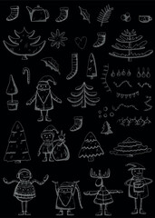 Christmas and new year chlakboard doodle collection. Big bundle of illustrations for december holidays