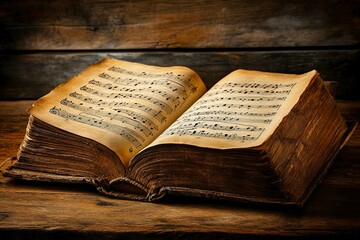 Fototapeta premium Aged book with music sheets. Vintage musical score. generative ai