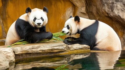 Naklejka premium Pandas Enjoying Bamboo at the Zoo