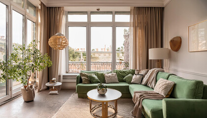 Fototapeta premium Parisian decorated living room with big window, beige and green vibes 