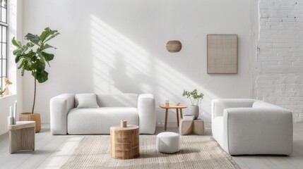 A serene and tranquil lounge area featuring a minimalist white canvas background, Accentuating the beauty of simplicity with meticulously arranged furnishings, Infusing Zen style with minimalist charm
