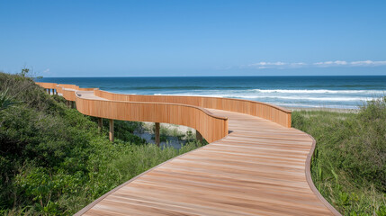 Obraz premium Elevated wooden walkway over beach dunes, with ocean waves crashing in the background