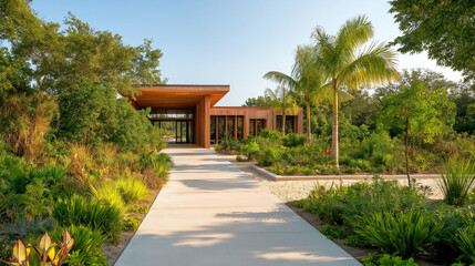 Fototapeta premium Modern resort walkway ending at a sandy beach, shaded by tropical trees and plants