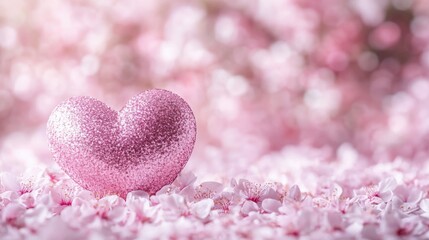 Fototapeta premium Pink Glitter Heart Among Cherry Blossom Petals