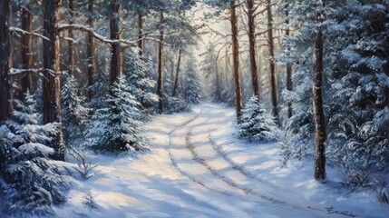 Obraz premium Frosted forest pathway winding through dense snowy pines, soft wintery light illuminating the snow.