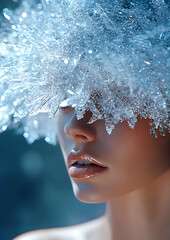 A woman models an intricate hat made of delicate ice crystals against an anthracite background, posing elegantly for a high-fashion magazine cover, evoking wintry luxury