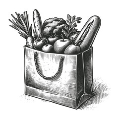 A hand-drawn sketch of a fresh food in a paper bag for products is presented as a vector illustration