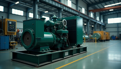 Fototapeta premium Machine room with a large powerful generator in the center, electricity production