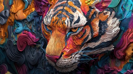 Obraz premium High-definition 3D animal relief, vibrant color pattern, soft textures in smooth, layered design.