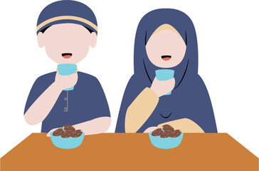Obraz premium A Muslim couple drinking while sitting Illustration