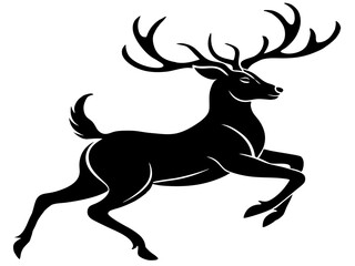 Silhouette of a leaping deer with elegant antlers, conveying motion and grace in vector black illustration 