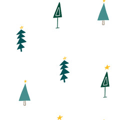 Hand drawn Christmas seamless pattern with decorative Christmas trees. Doodle New year pines on white background.