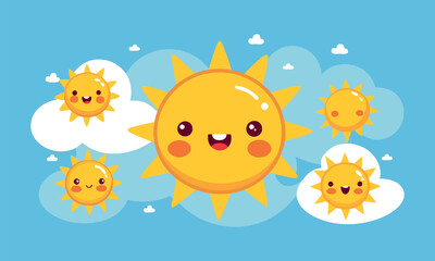 A cheerful illustration of a family of smiling suns, perfect for children's books, greeting cards, or summer-themed designs.