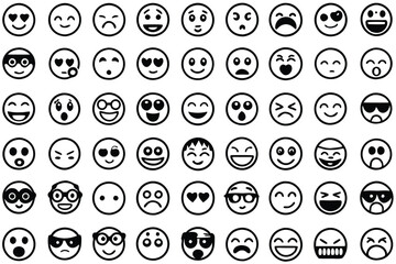60 unique emoticons in a colorful grid layout on white background for social media and app designs