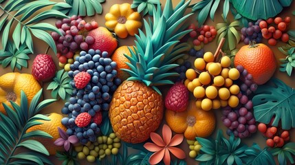 High-definition 3D fruit texture, embossed tropical pattern, vibrant colors with layered relief.