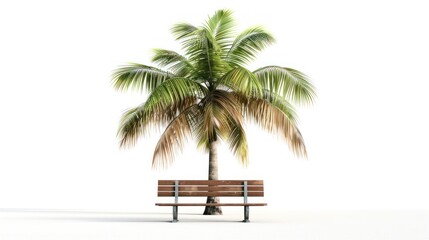 Fototapeta premium A solitary wooden bench beneath a lush palm tree