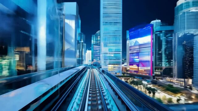 Fast Hyperlapse POV Motion Through Futuristic Neon City at Night: Cyberpunk Style City Lights Blur in Motion