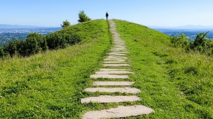 Stone Path Leading to Horizon with Distant Cityscape   Metaphor for Success and Goals