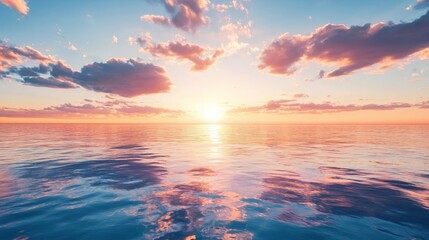 Obraz premium A sunset over a calm ocean, with perfectly mirrored reflections, symbolizing balance and mental peace,