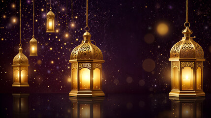 Ornamental Arabic lantern with burning candle glowing at night and glittering golden bokeh lights. Festive greeting card, invitation for Muslim holy month Ramadan Kareem