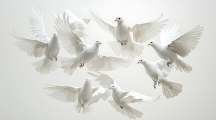 Obraz premium Graceful white doves in mid-flight formation