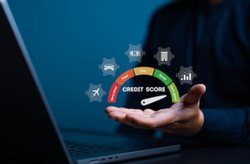 Business people evaluate customer finance statistical data with credit score icons. Credit behavior and reports. Online credit ranking check for a personal loan, mortgage, auto loan, or payment card.