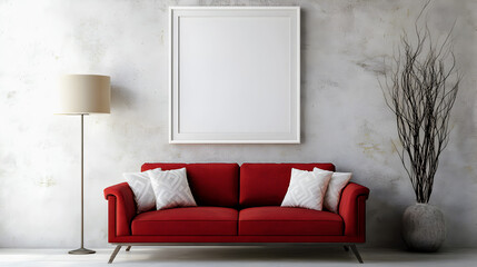 red sofa with frame on the wall