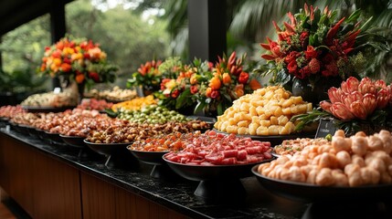 A vibrant display of assorted fruits and floral arrangements at a festive gathering.