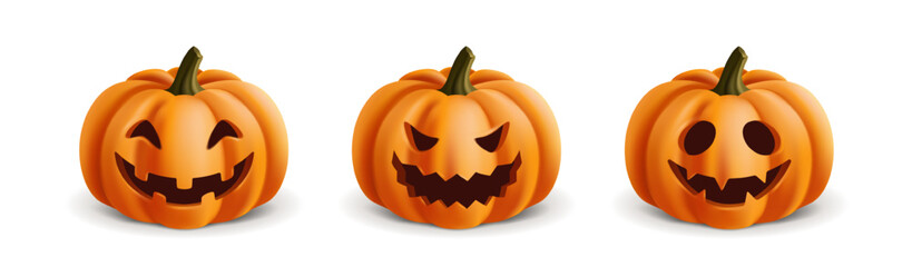 Set of Halloween pumpkins with scary and smiling face isolated on white background, 3d realistic set