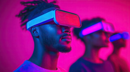 A group of individuals wearing virtual reality headsets, surrounded by vibrant pink and blue lighting, immersed in an engaging digital experience.