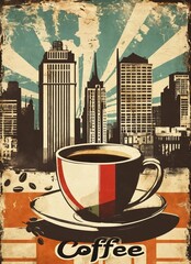 Cup of coffee on the cityscape skyline background.. Stylization of retro poster for coffee shop on old paper texture.