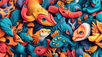 High-resolution animal relief pattern, smooth textures in colorful 3D design, vibrant and polished.