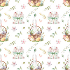 Easter rabbits in basket on green lawn with painted eggs, chicks and leaves watercolor illustration