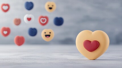 A heart-shaped cookie with a red center stands prominently, surrounded by playful emoji faces in a soft, blurred background.