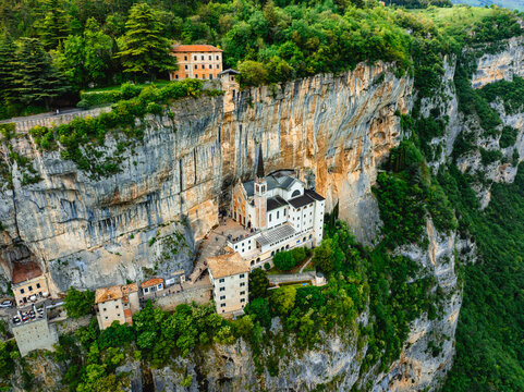 Aerial photo with drone of Santuario Madonna Della Corona in Italy