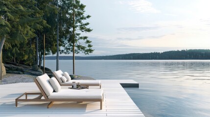 A serene minimalist retreat featuring a white canvas backdrop, Minimal furniture arrangement in a lakeside cabin, Lakeside minimalism style