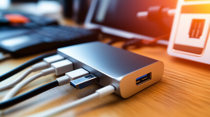 Sleek USB hub with multiple ports connected to various devices, showcasing modern design and functionality in a tech-focused setup.