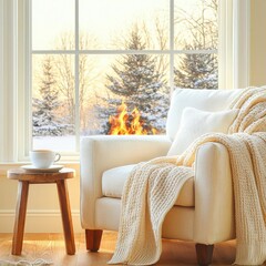 A cozy armchair facing a crackling fire, warm blankets draped over, a teacup resting on a wooden side table, winter trees beyond the window