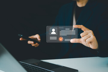 Digital identification or digital ID concept. Businesswoman use laptop and hand touch virtual screen of digital identification card to accessing databases by digital identity for cyber security.