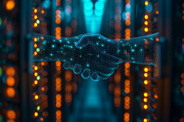Client server handshake in digital futuristic virtual space, symbolizing technology and online collaboration, highlighting integration of digital systems for efficiency