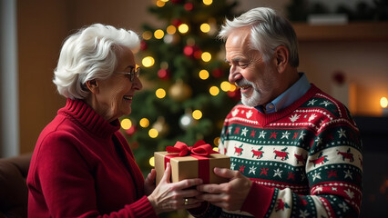 Elderly man with gray hair in Christmas sweater giving gift in box to older gray-haired woman, festive background with Christmas tree.
