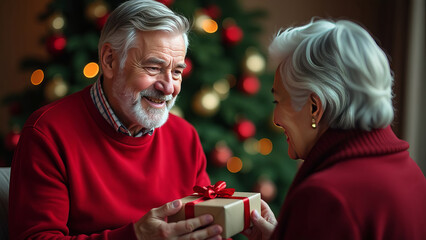 Elderly man with gray hair in Christmas sweater giving gift in box to older gray-haired woman, festive background with Christmas tree.