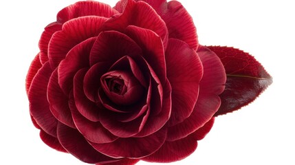 Close-up of a Single Deep Red Camellia Flower with a Leaf