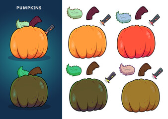 Halloween Pumpkin 2D cartoon set pack with separated parts png.Comes with different colors orange, red, green, brown.with accessories like leaf knife on pumpkin.best for video game asset.