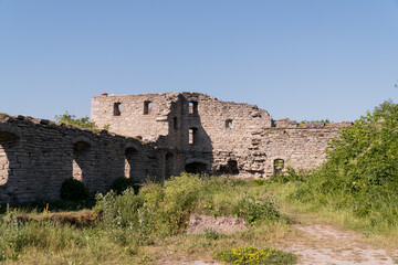 Fototapeta premium Ancient Stone Ruins Overgrown with Vegetation Under Clear Blue Sky
