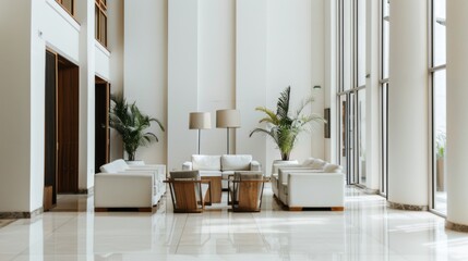 Fototapeta premium A sleek and contemporary boutique hotel lobby design featuring a pristine white canvas backdrop, Minimalist lobby furniture arranged for comfort and style, Contemporary minimalist style