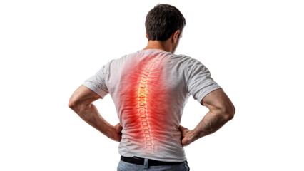 Man touching his lower back in pain, isolated on transparent background